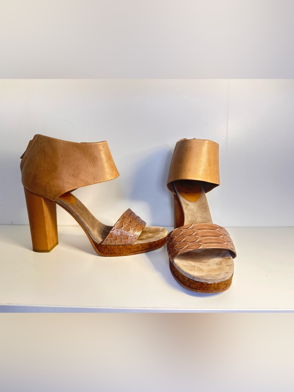 Brunello Cucinelli Tan Leather Platform Sandals with Textured Front Strap 38.5